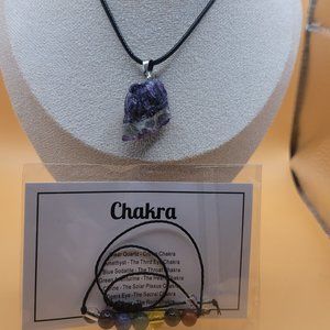 Stunning Raw Amethyst Necklace with Leather Strap and Adjustable Chakra Bracelet